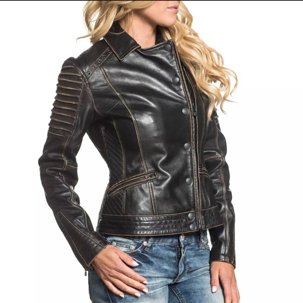 AFFLICTION Leather TRUE DESTINY WOMEN'S JACKET Bla - Picture 3 of 12